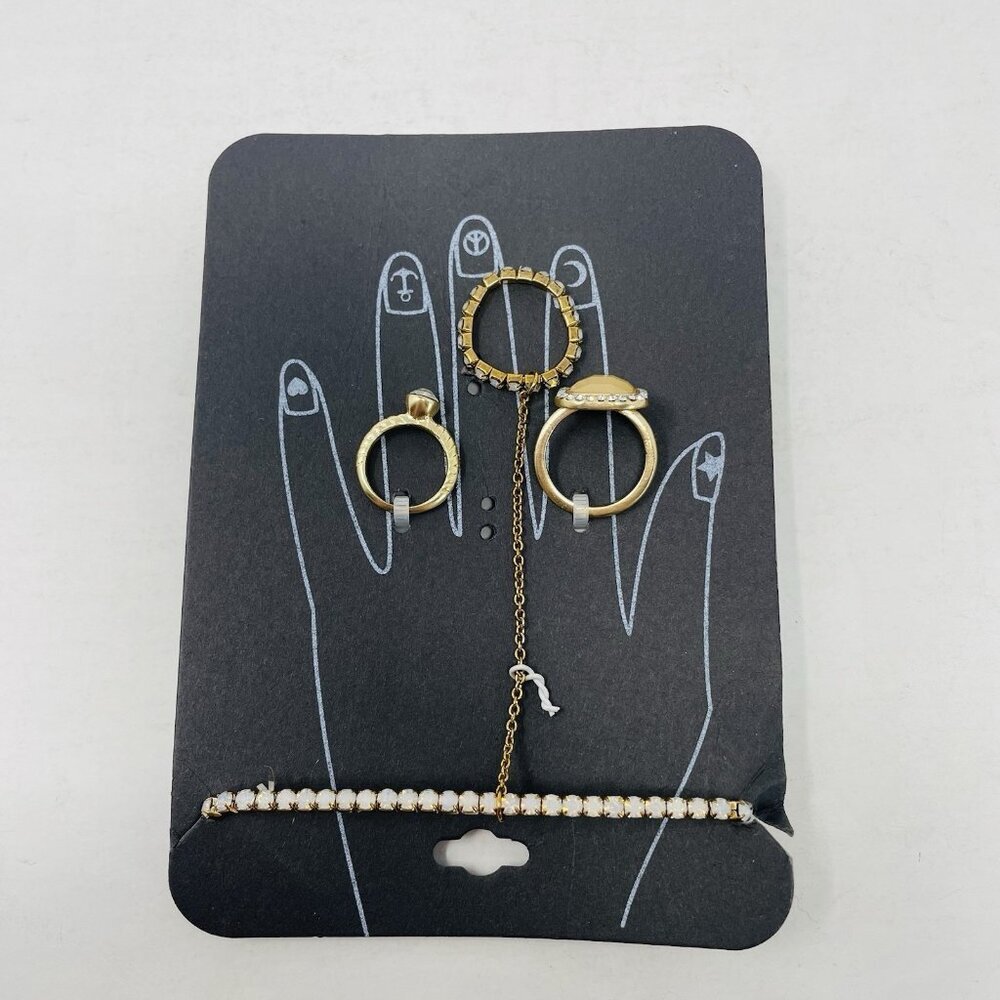 G by Gennaro Womens‎ Size 7 Gold Tone Stretch Bracelet with Ring Chain & 2 Rings
